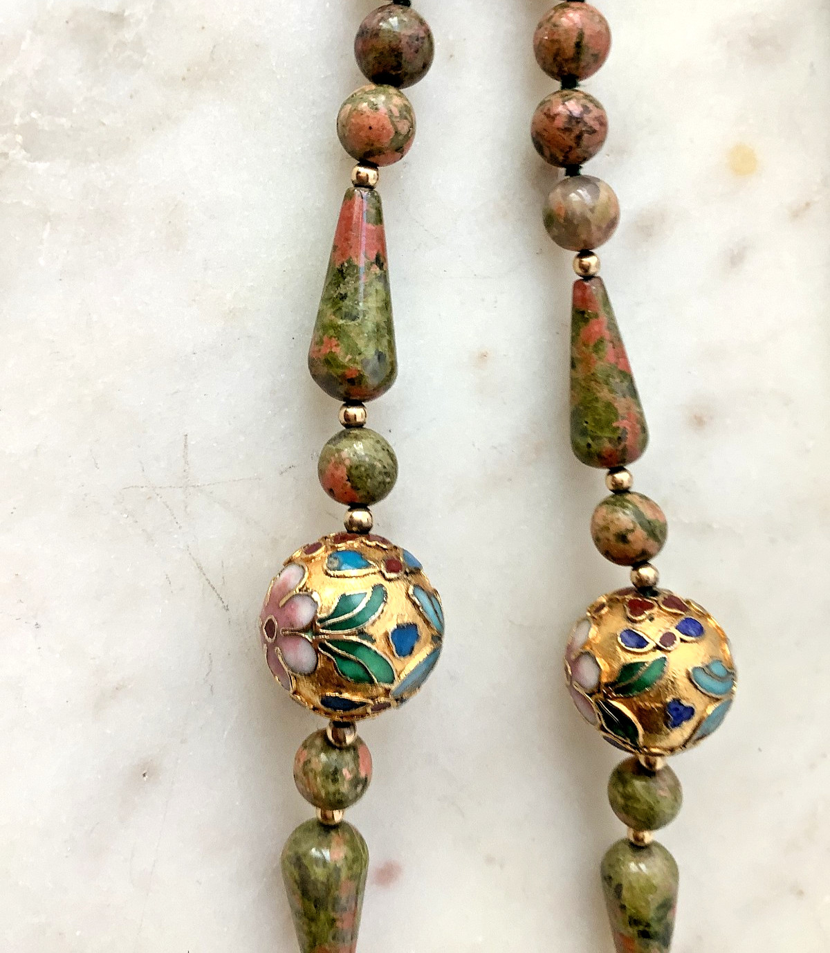 Vintage Beaded Necklace Chinese Champleve Cloisonne Jasper Opera Length 30″