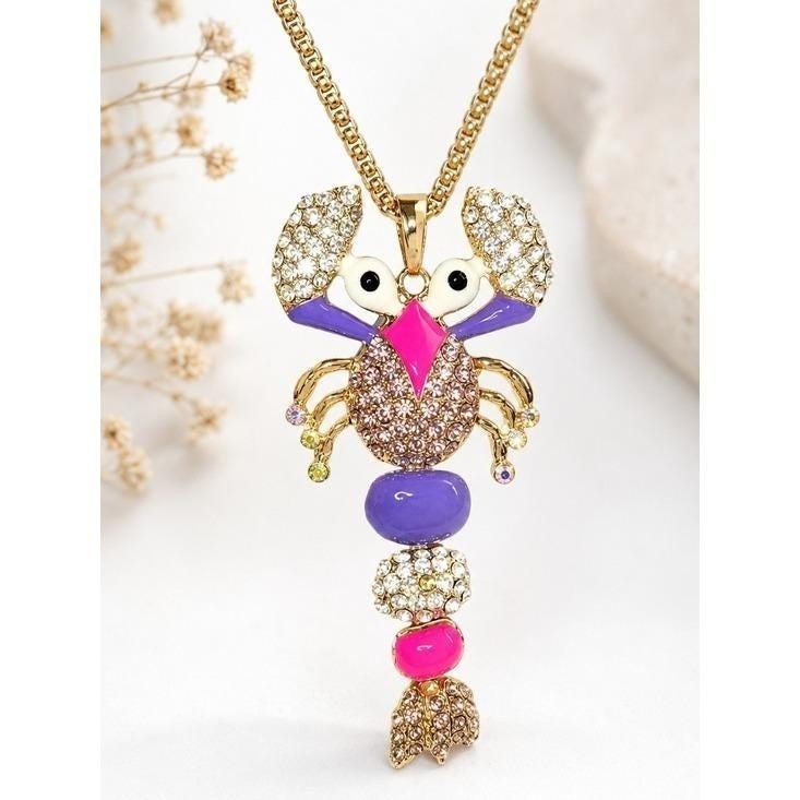 Vintage Betsey Johnson Lobster Pendant Necklace Rhinestone Enamel Statement