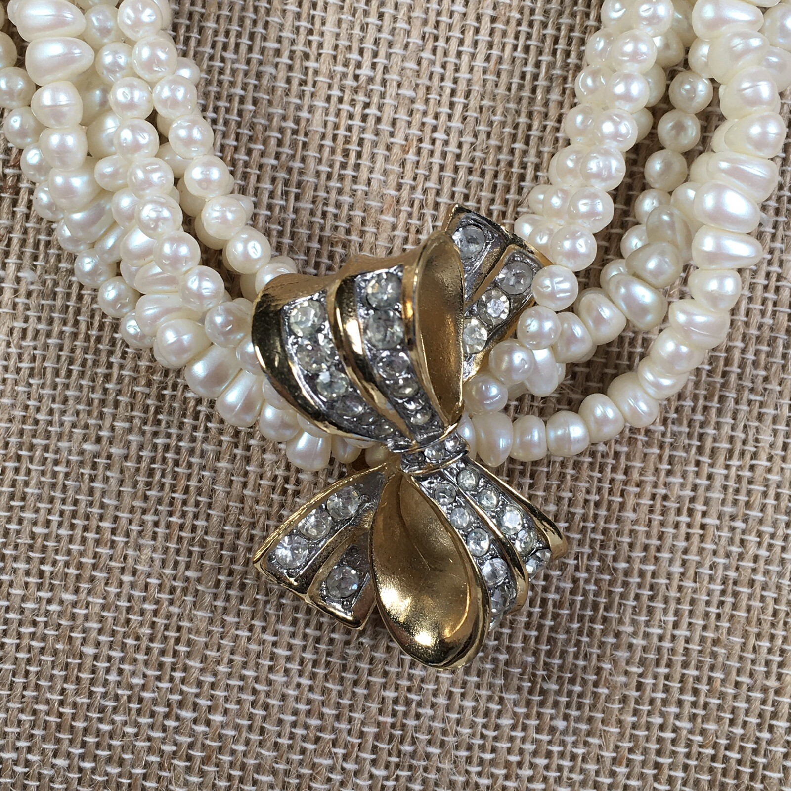 Vintage Richelieu Faux Freshwater Pearl Necklace 6 Strand Rhinestone Bow Slide