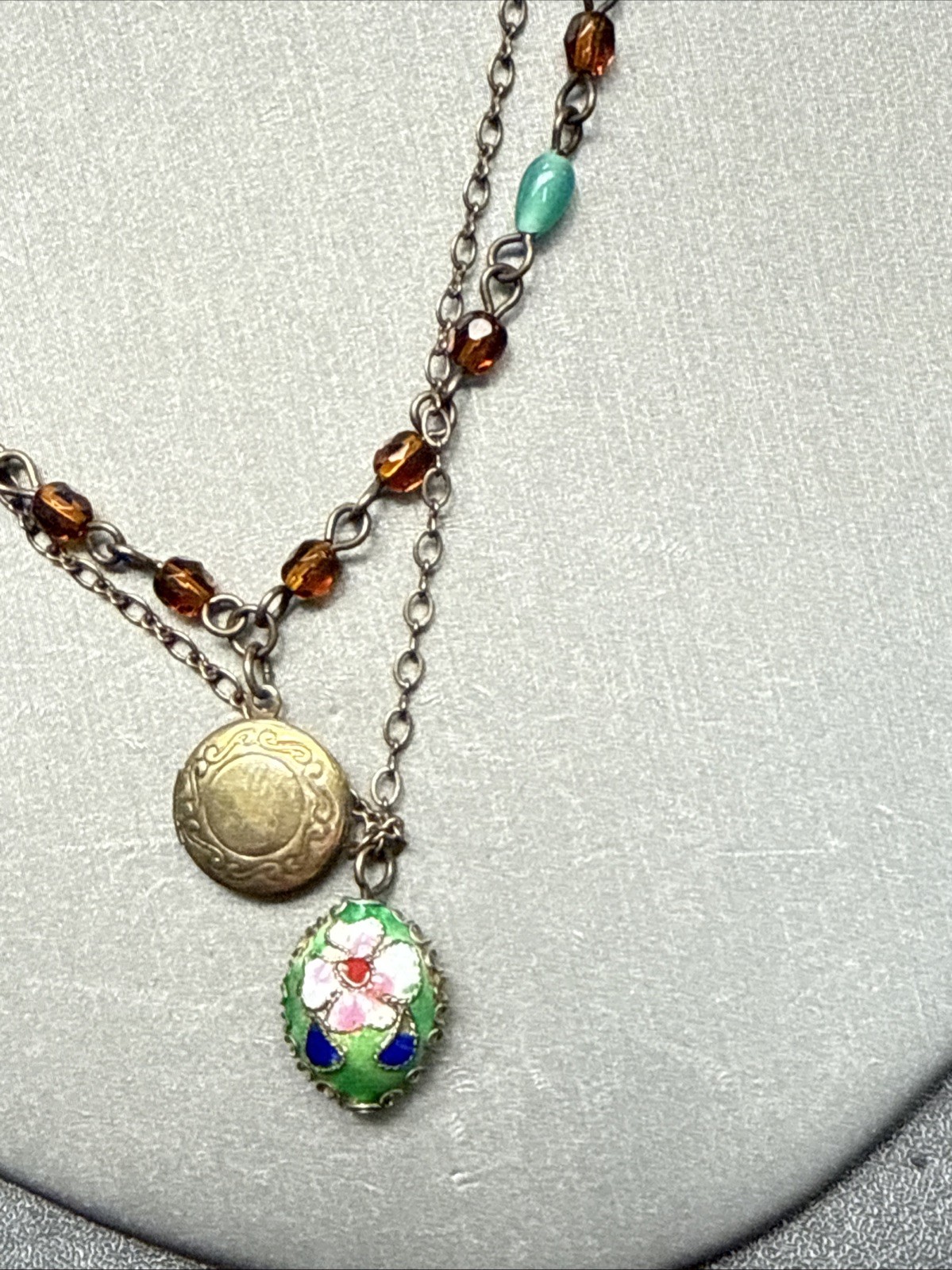 Vintage Necklace Picture Locket Cloisonné Pendant Glass Beads 2 Strand Necklace