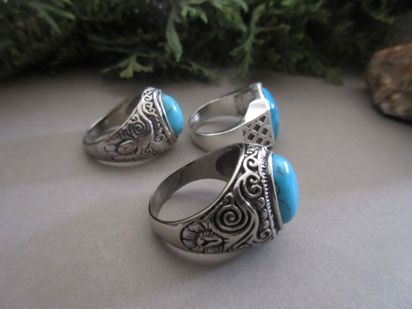 Mens Silver Tone & Turquoise Chunky Fashion Rings Large Assorted Sizes Lot of 3