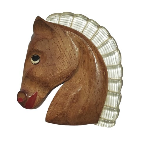 RARE Brooch Vintage Wood Horse Lucite Brooch Pin LARGE 3 1/8 x 2 3/4 inches