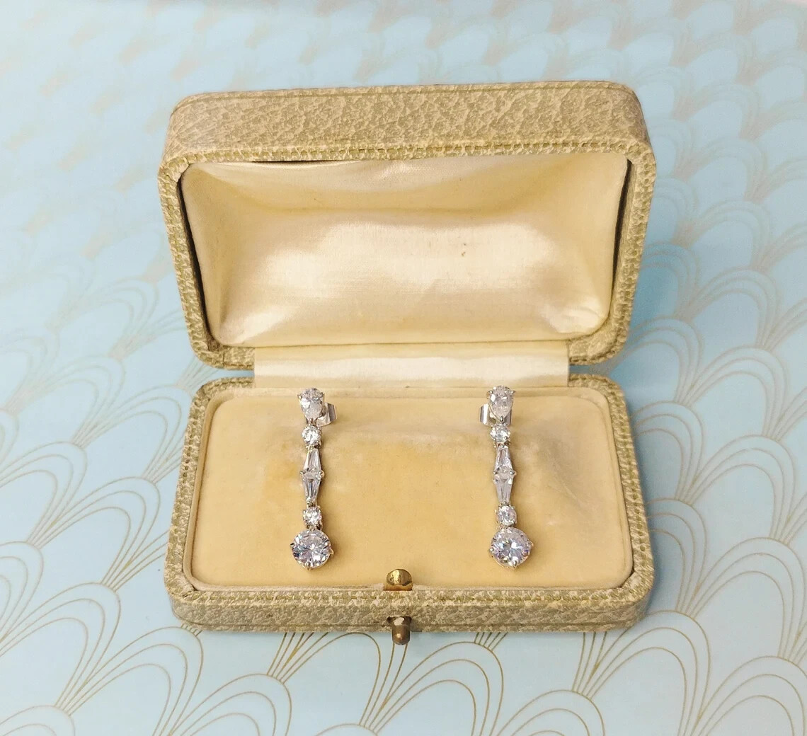 Vintage Art Deco Style Lab-Created Diamond Dangle/Drop Earrings Solid 925 Silver