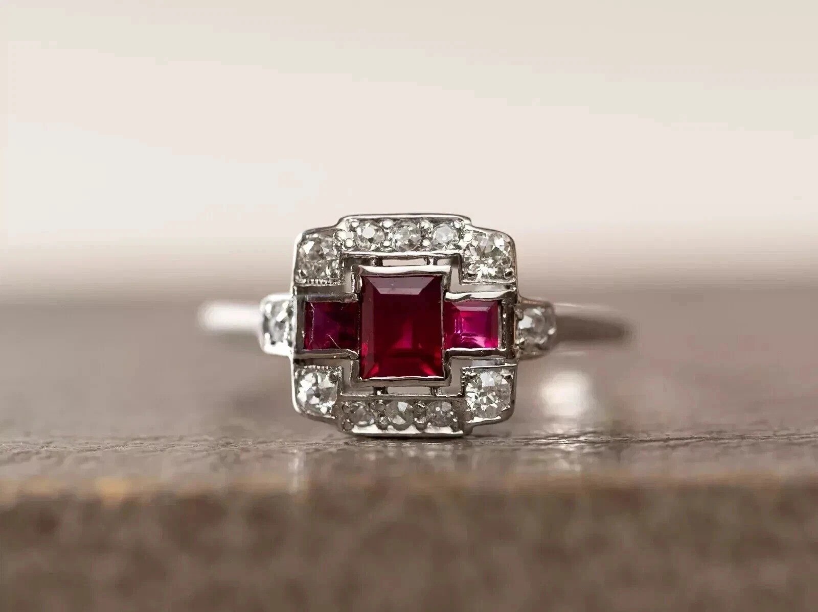 2Ct Art Deco Style Lab Created Ruby & Diamond Wedding 14K White Gold Finish Ring