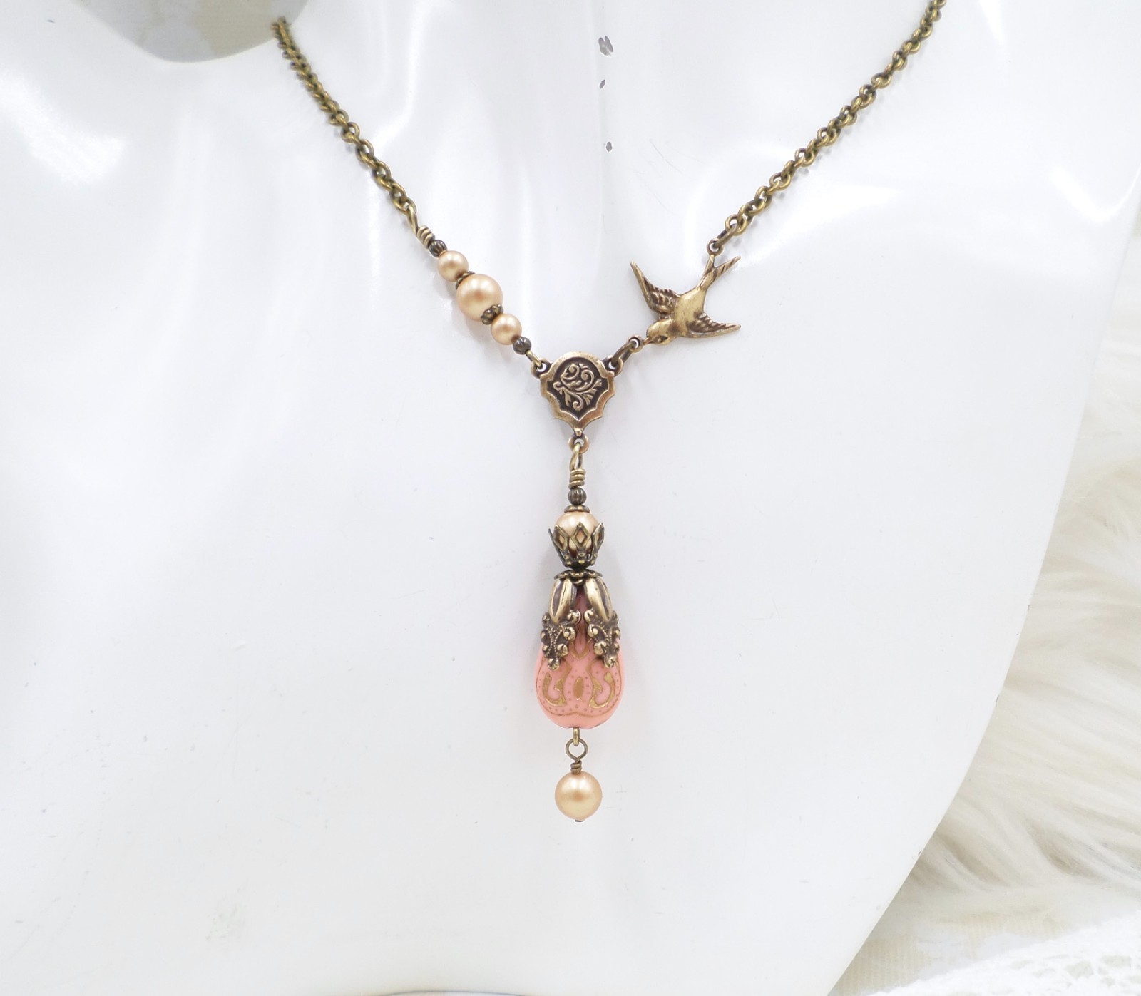 Victorian Style Brass Bird Necklace Pink Acrylic Bead Gold Pearl Handmade Unique