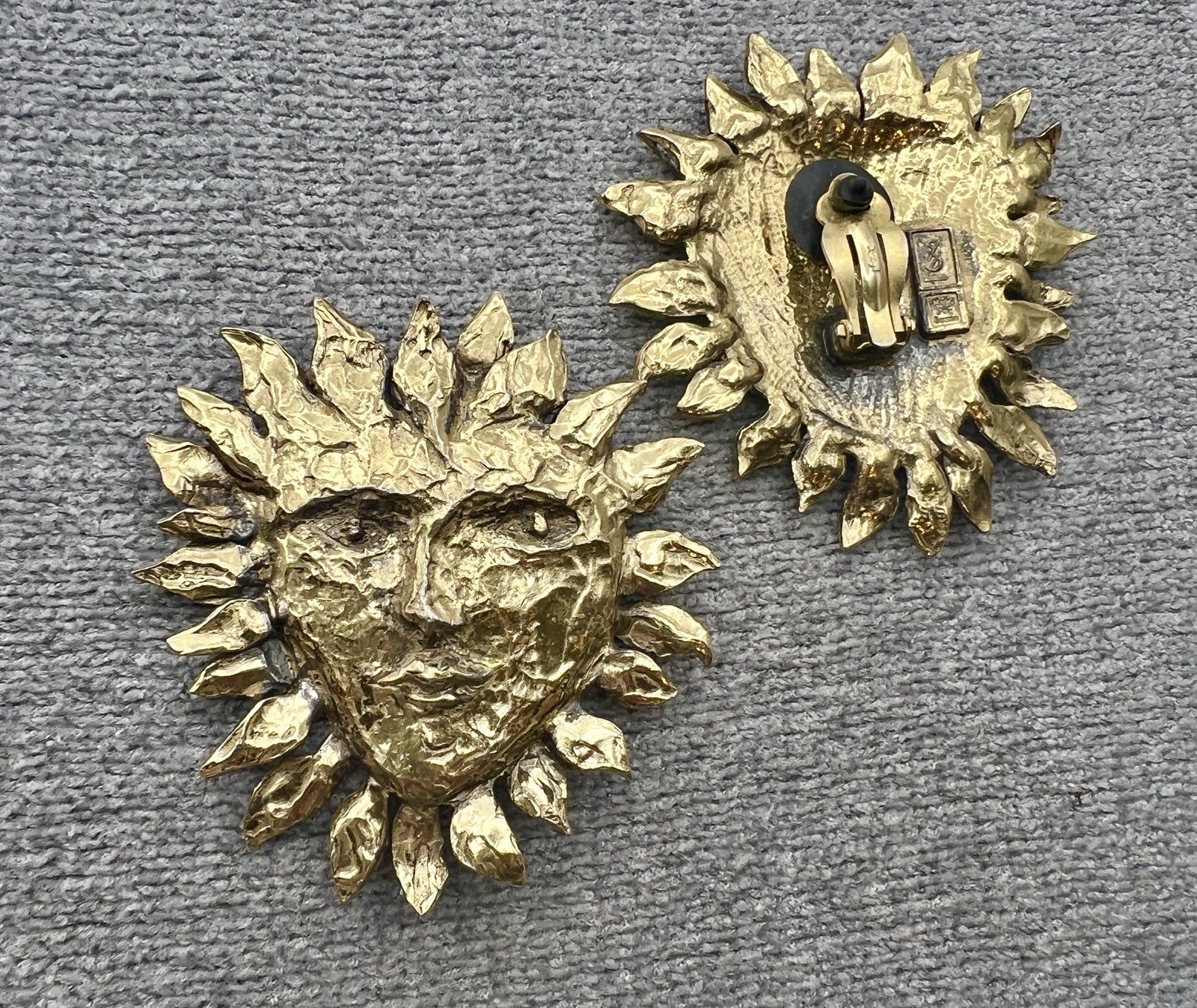 Vintage Yves Saint Laurent YSL Paris Robert Goossens Golden Sun Face Earrings