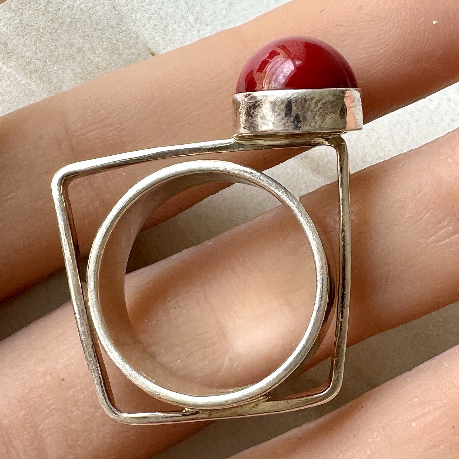Red Index Finger Modernist Ring Square Geometric SZ 9 Signed Sterling Silver 925