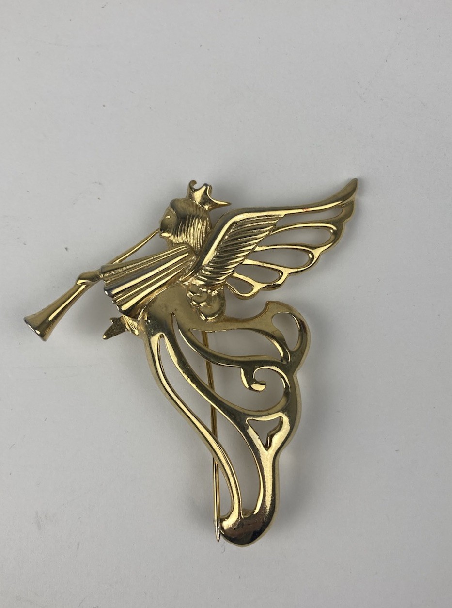 Givenchy Angel Trumpet Herald Gold Tone Brooch 80s Vintage