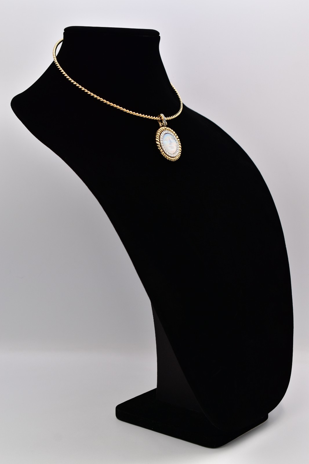 Vintage Kirks Folly Seaview Moon Face Pendant Necklace Gold AB Crystal 80s Bin3D