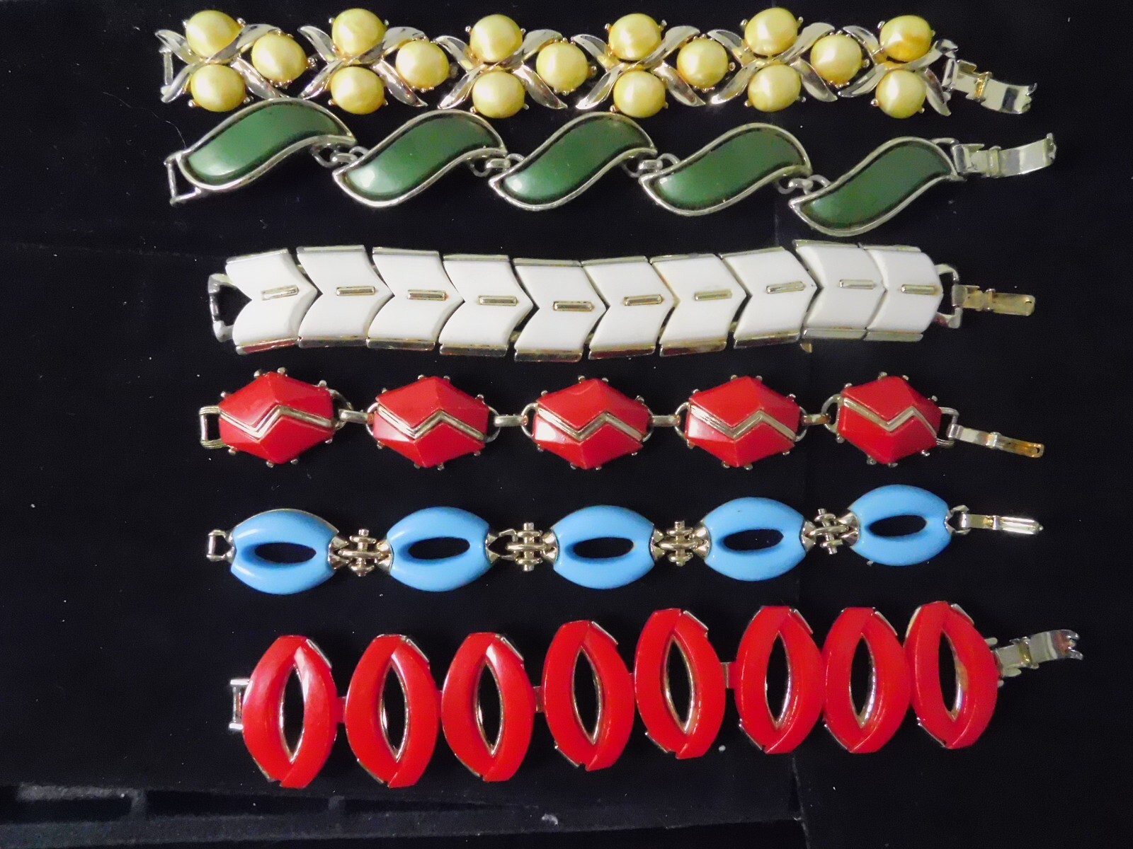 Lot of 6 1950’s Thermoset Bracelets Red, Blue, Green, White & Yellow