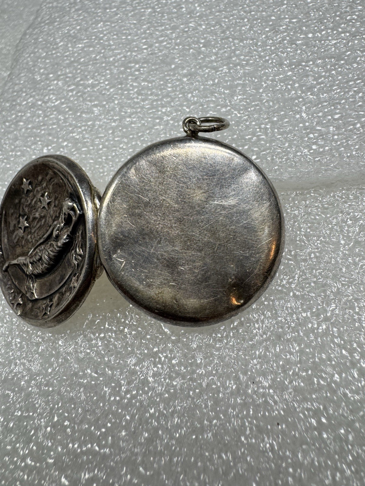 Antique Sterling Silver Art Nouveau Repousse Lady Crescent Moon & Stars Locket