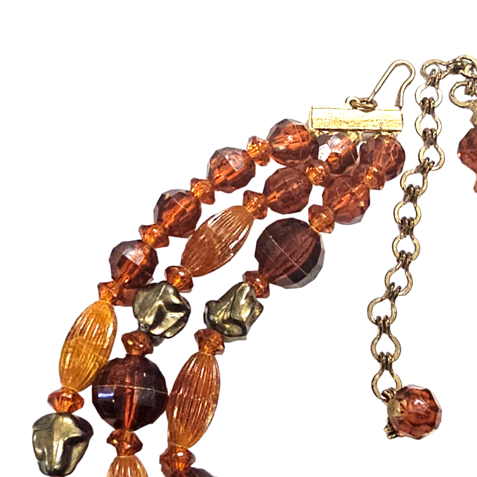 VTG 3-Strand Amber Color Bronze Bead Necklace Lucite & Glass Jewelry 14″