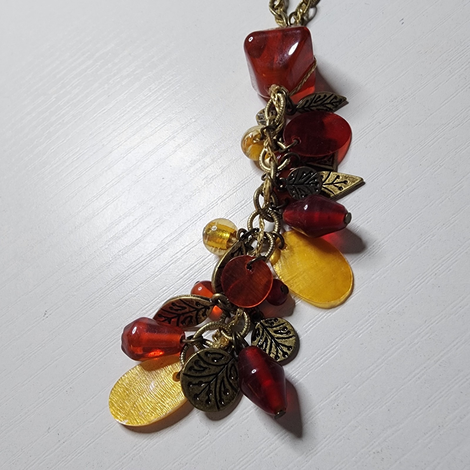 Vintage Coldwater Creek Red Yellow Glass Beaded Necklace Signed Nature Leaf Adj.