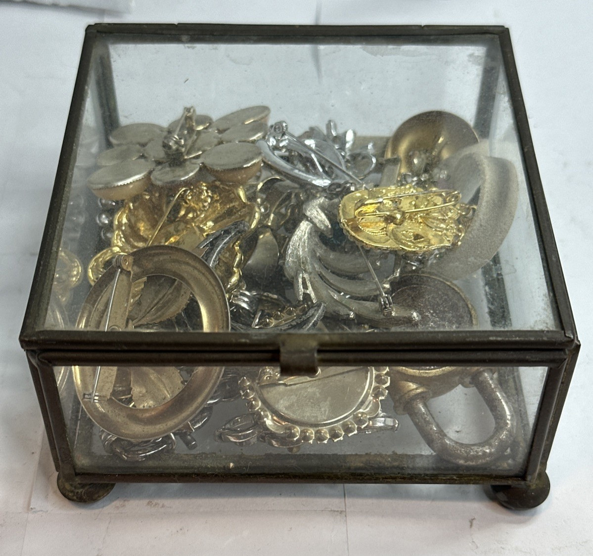 Costume Jewelry & Antique Lot in Brass-Lined Case – 19+ Pieces Pins, Bracelets