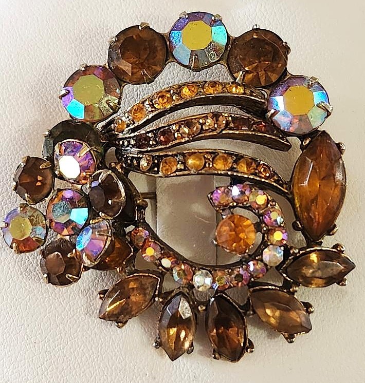 Beautiful Multi Bronze AB Golden Rhinestone Estate Sale Brooch Pin – Vintage