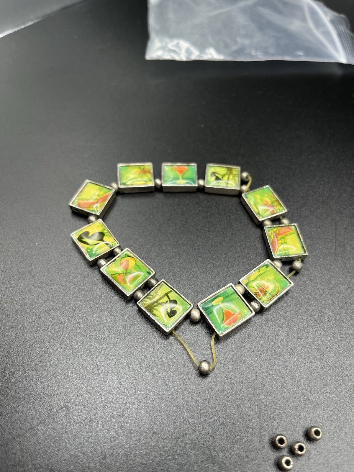 Vintage Resin Art Tile Bracelet Tropical Beach Summer Floral Silver Tone *BROKEN