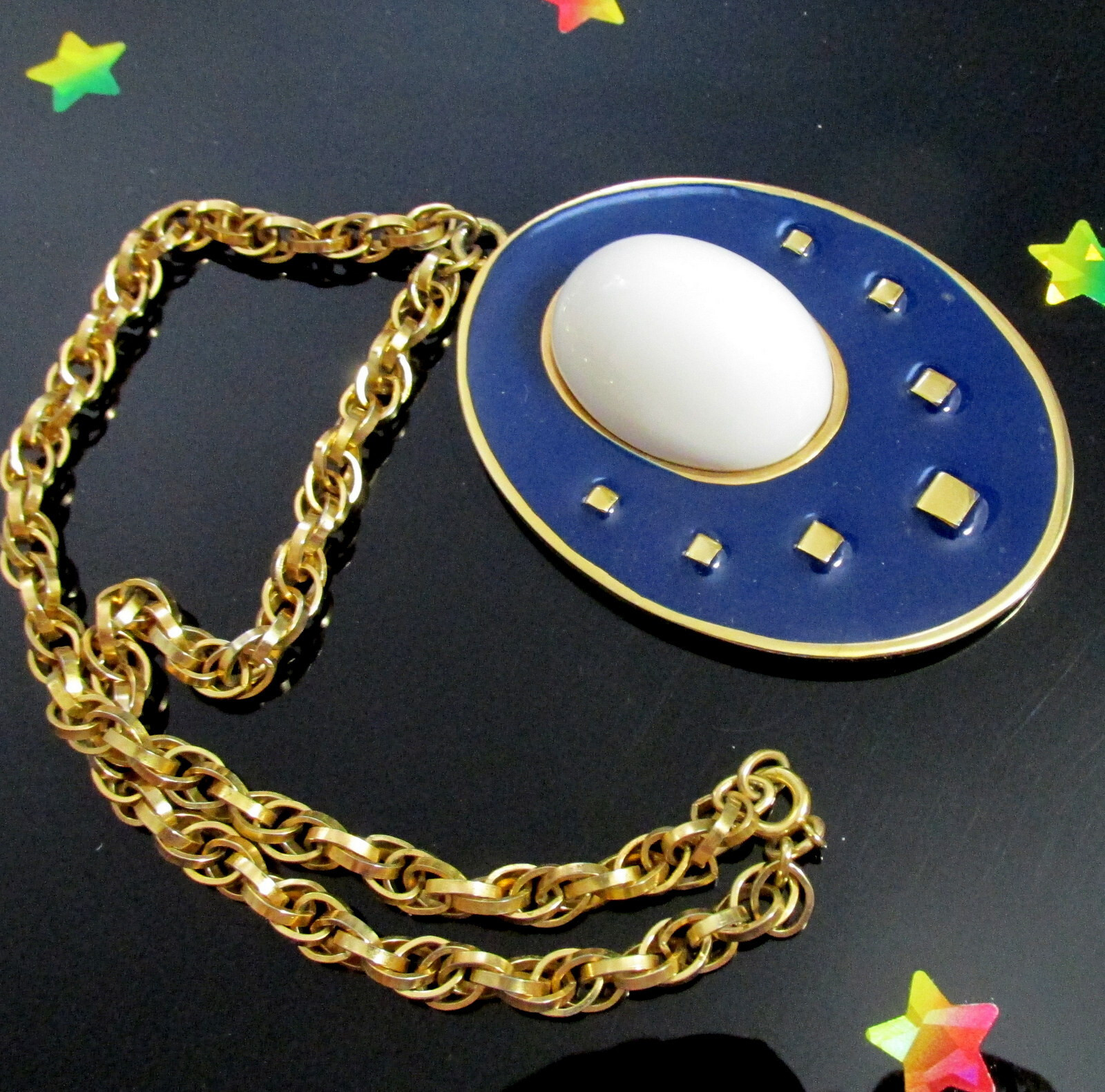 Vtg Runway Rare NAPIER Blue Enamel White Cab Pendant Necklace Book Pc BERTOLLI