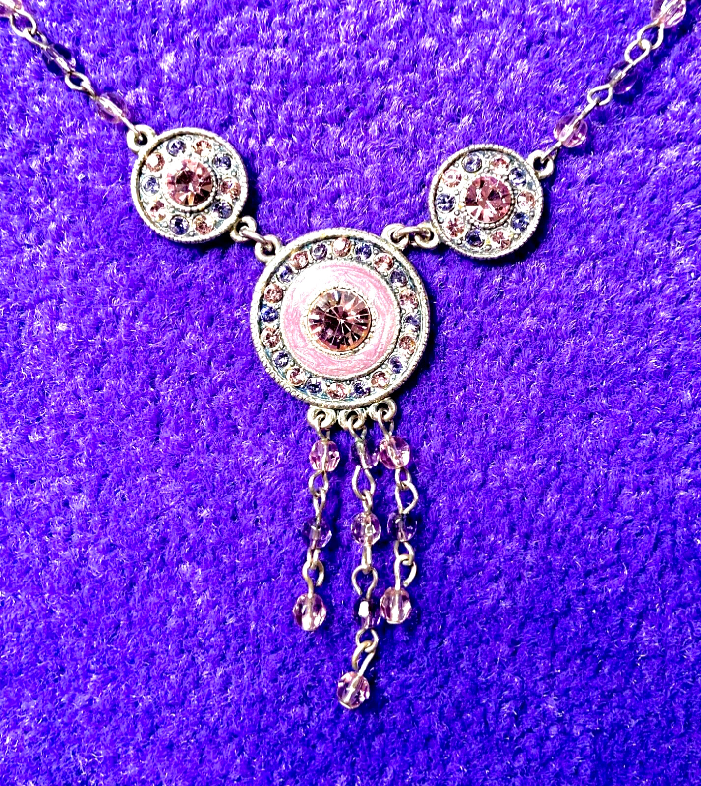 VINTAGE🇺🇸1928 FAIRY FANTASY PURPLE+PINK AUSTRIAN CRYST+ENAMEL NECKLACE VG+✨VTG