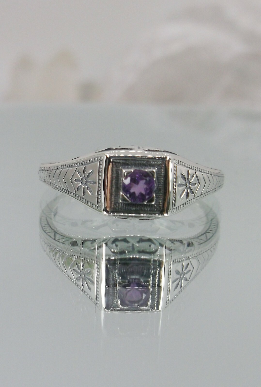 NATURAL Amethyst Ring, Art Deco Wedding Revival Jewelry (Custom-Made) US SELLER