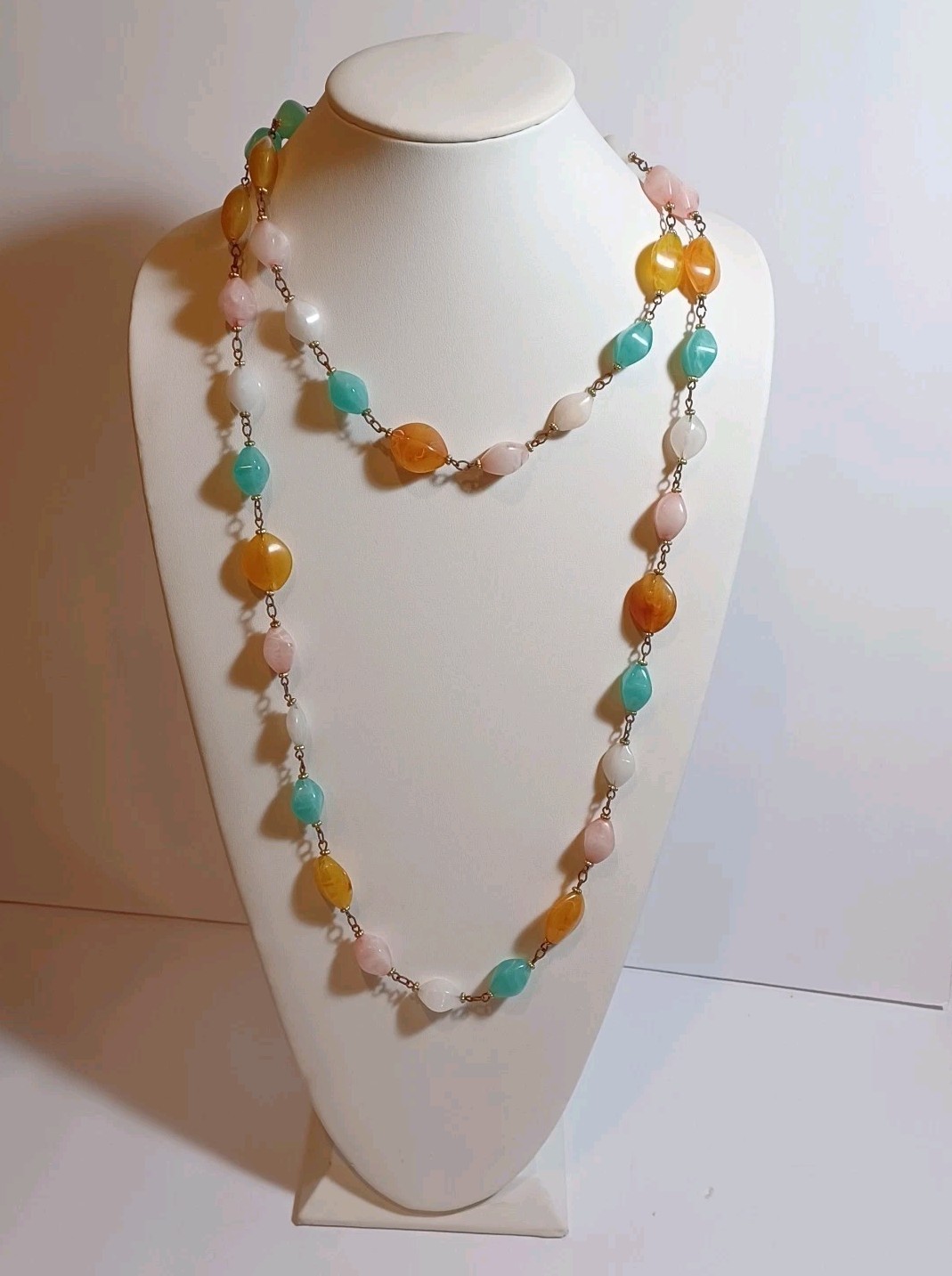 Pastel Marbled Plastic Resin Vtg Bead Chain Necklace 54in Pink, Mint, Amber, Wht