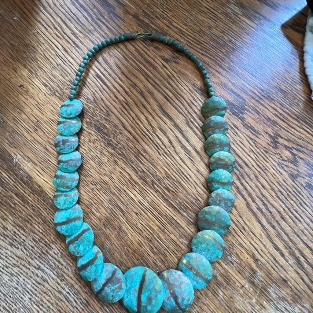 Vintage Oxidized Copper Disc Beaded Statement Necklace