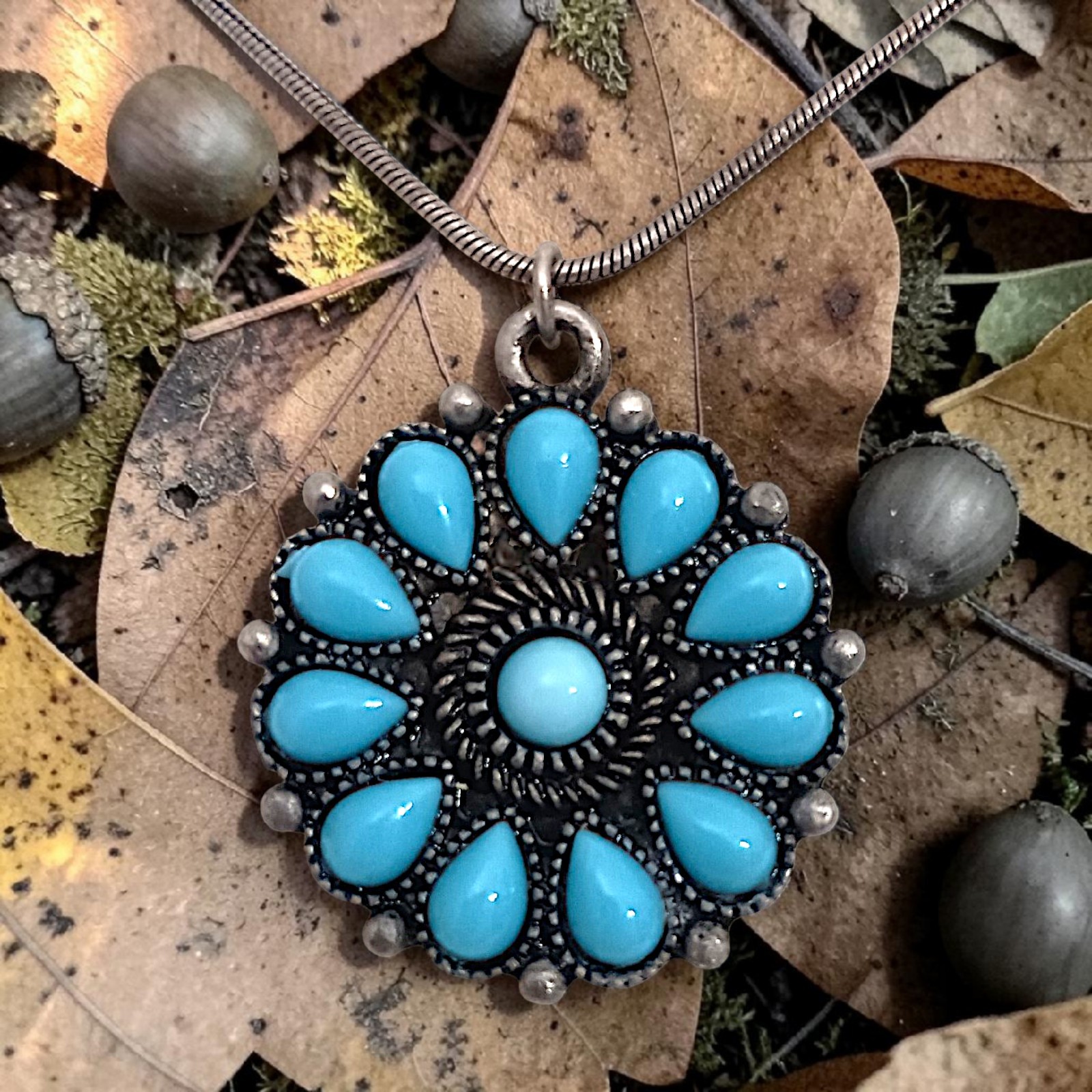 Robert Rose Pendant Faux Turquoise Necklace Antique Silver Tone Southwestern