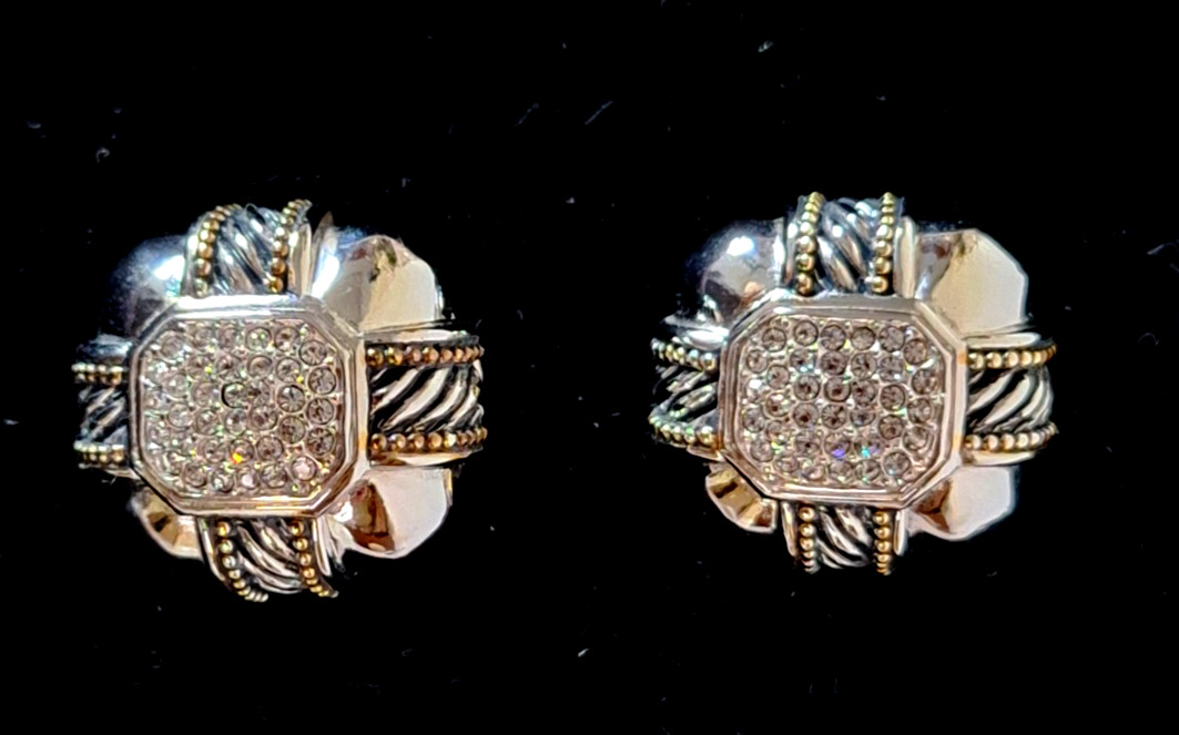 Vintage TJ CZ Clip-on Earrings Silver & Gold Tone 1980s High End Any Occasion