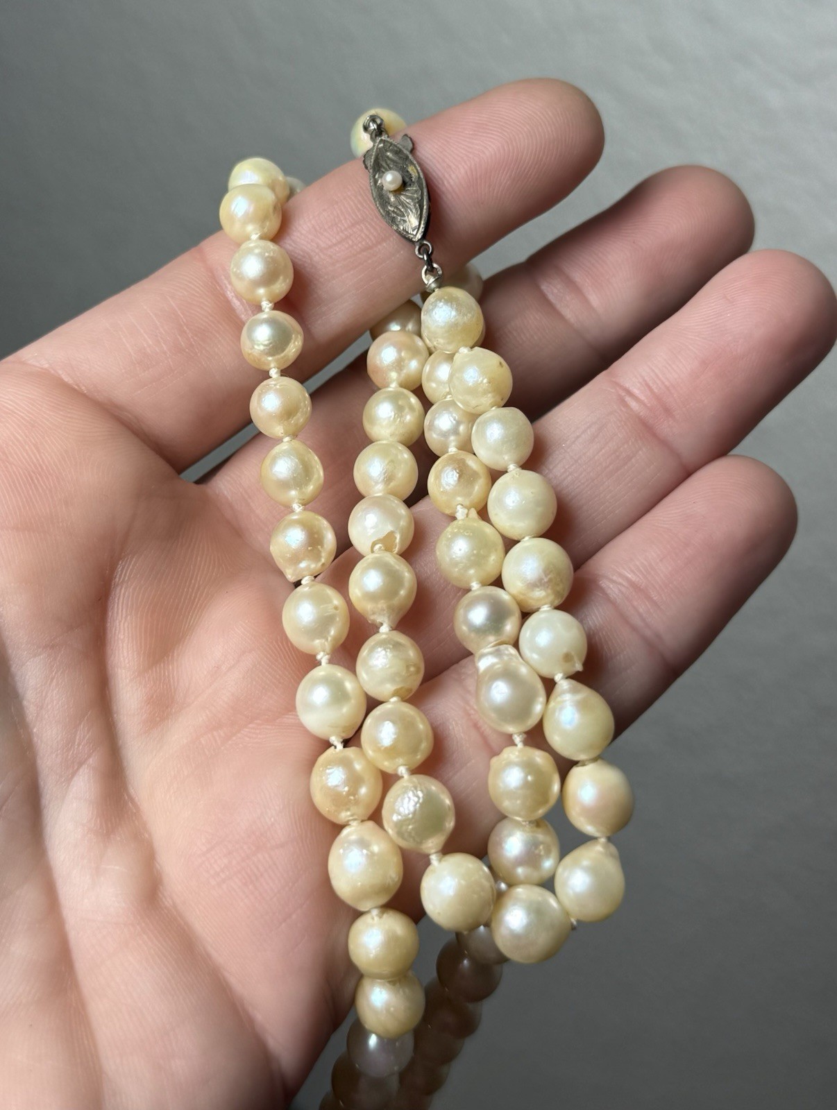 Vtg Art Deco Sterling Silver Pearl Clasp Baroque Akoya Hand Knotted Necklace 25”