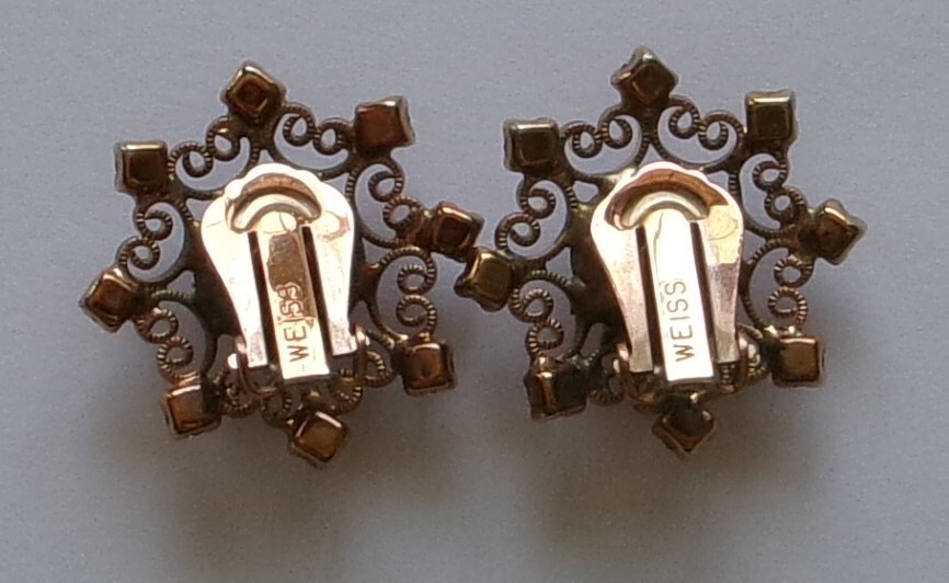 Vintage Weiss Signed Earrings Cip On Pink Rhinestone Filigree