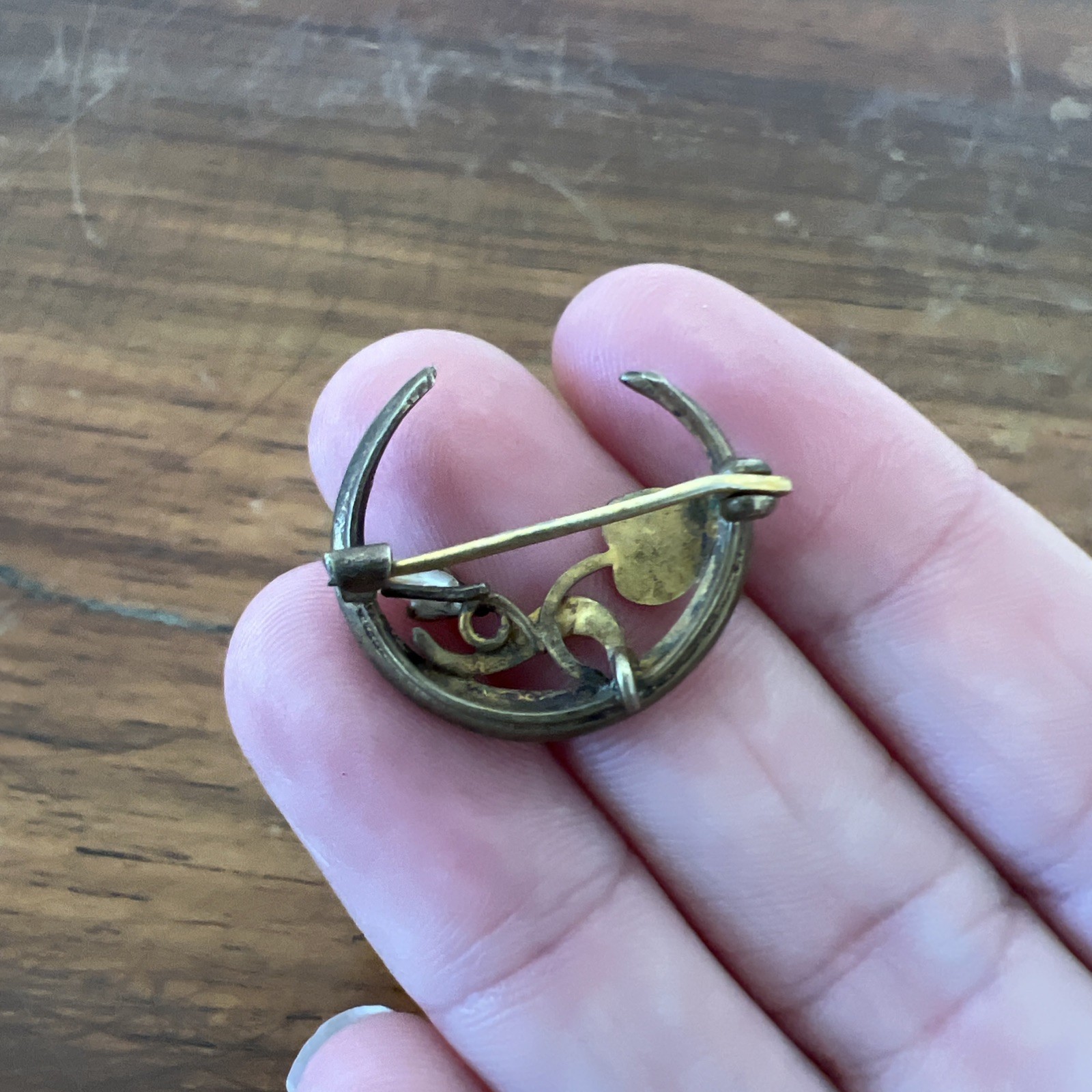Antique Edwardian Crescent Moon Seed Pearl Pin Pendant Gold Filled