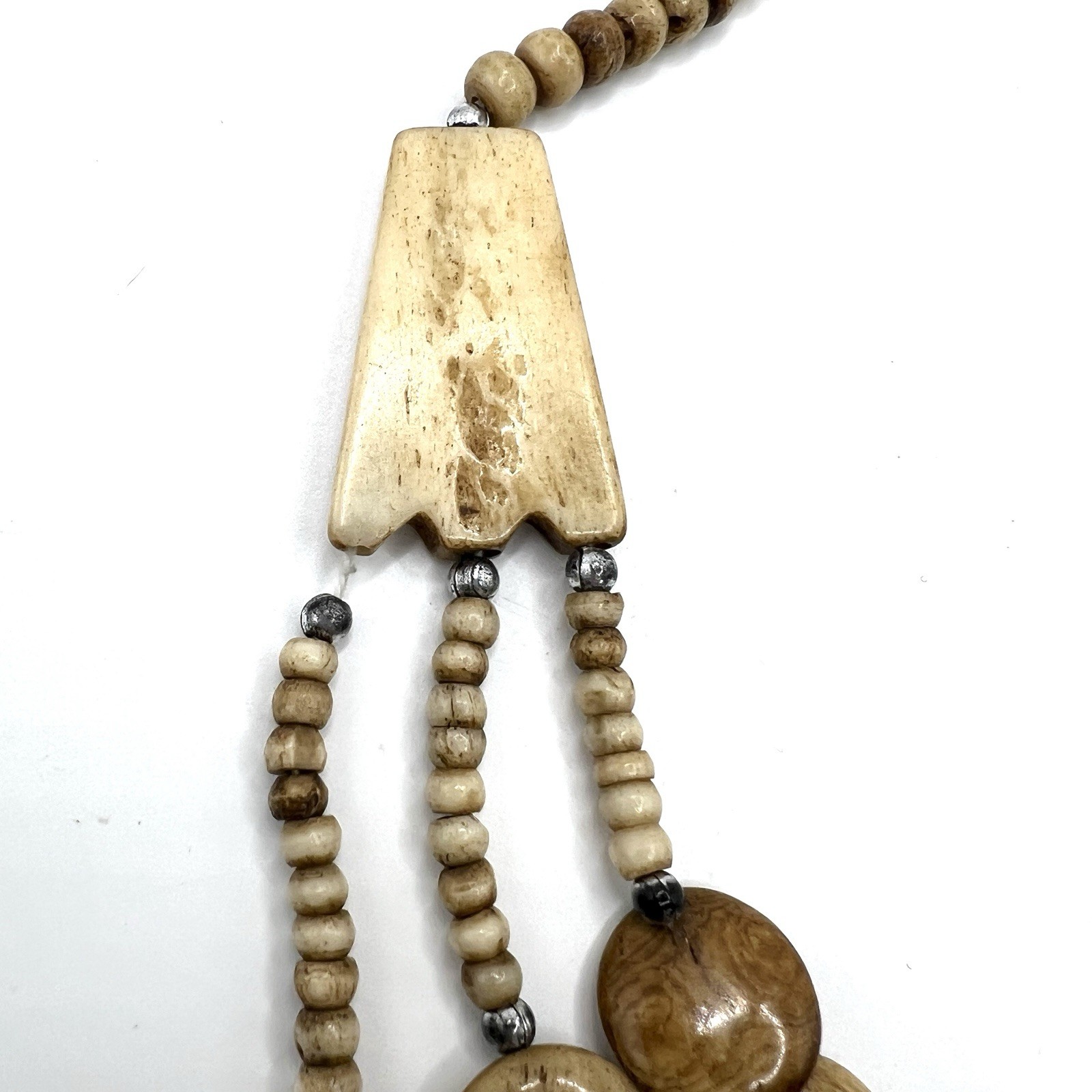 Vintage Multi Strand Bone Bead Necklace Tribal Boho Natural Beige Statement 19”