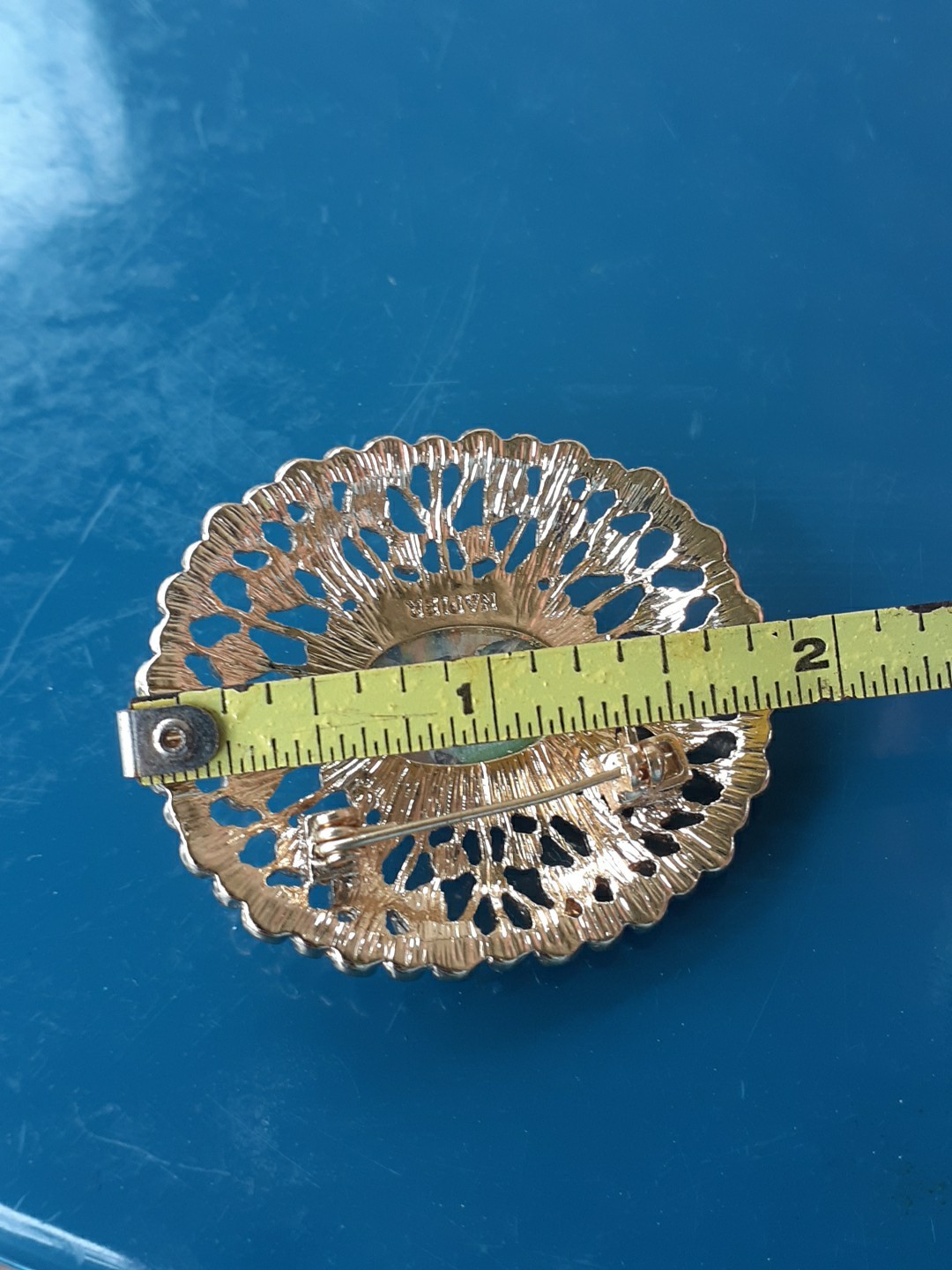 Napier Gold Tone Faux Abalone, Rhinestone Filigree Style Oval Brooch Signed