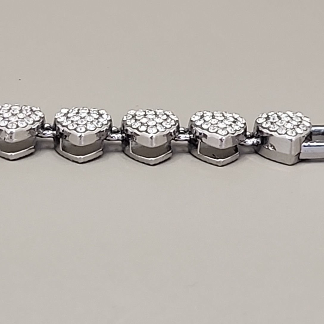 Vintage Heart Bracelet Pave Clear Rhinestones Silver Tone Linked 7.25″
