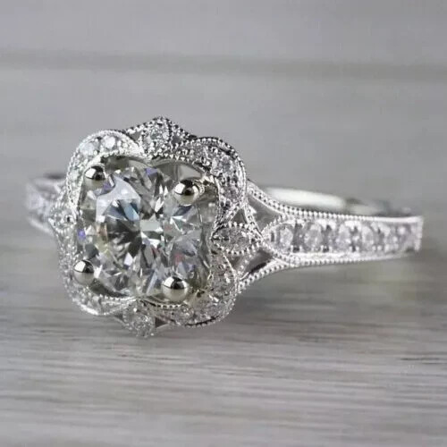 Art Deco Style Round Lab Created Diamond 14K White Gold FN Halo Engagement Ring