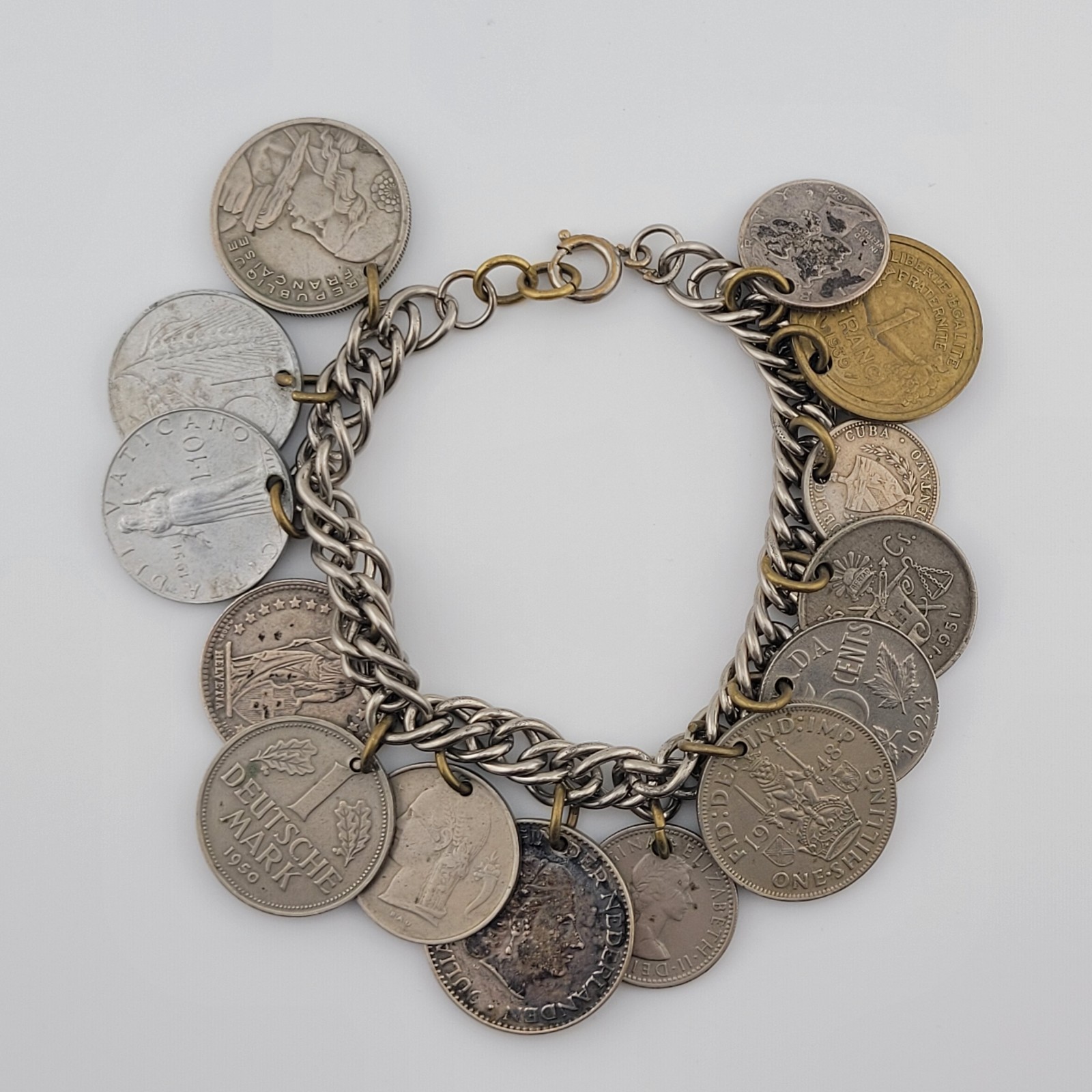 Vintage Coins From Around the World Charm Bracelet Souvenir 1924 to 1956 7.5″