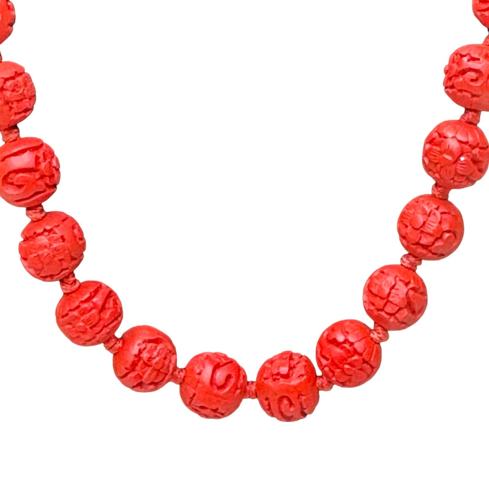 Vintage Red Carved Cinnabar Beaded Necklace Gold Clasp Floral Detailing 26″ Long