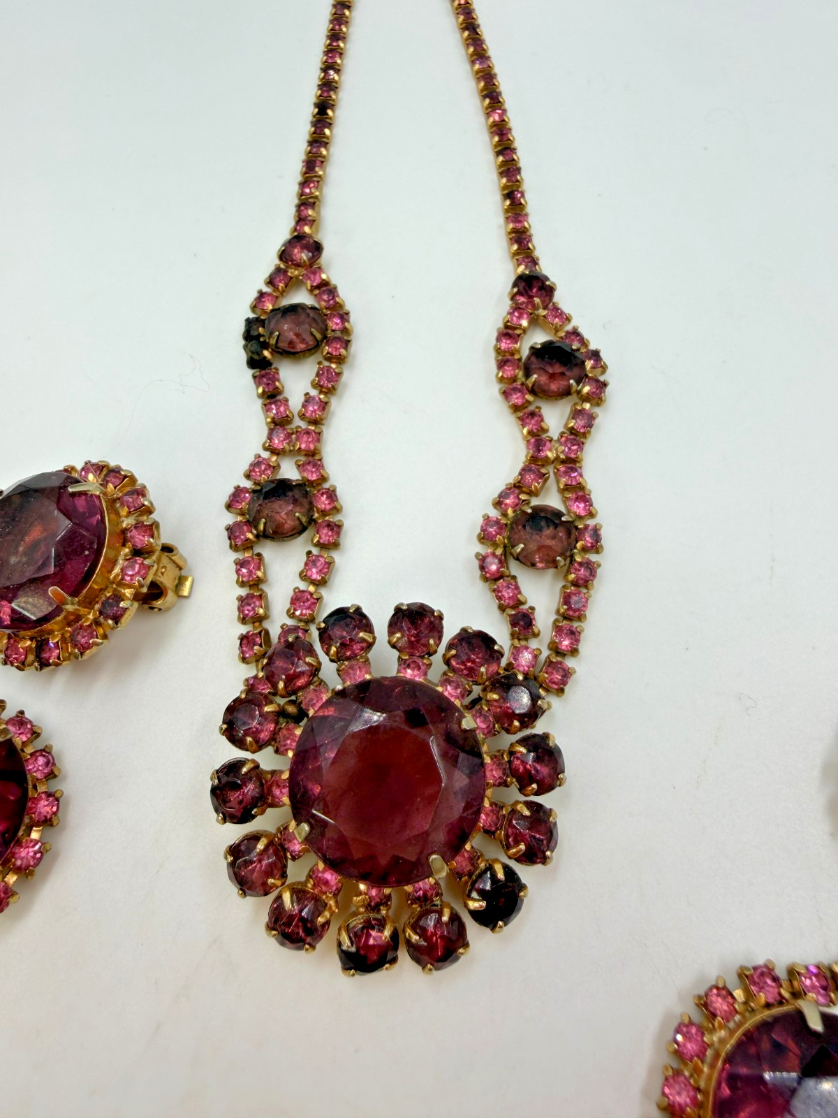 Vintage Necklace Purple Round Stoplight Clip Earrings Bracelet Set PJ