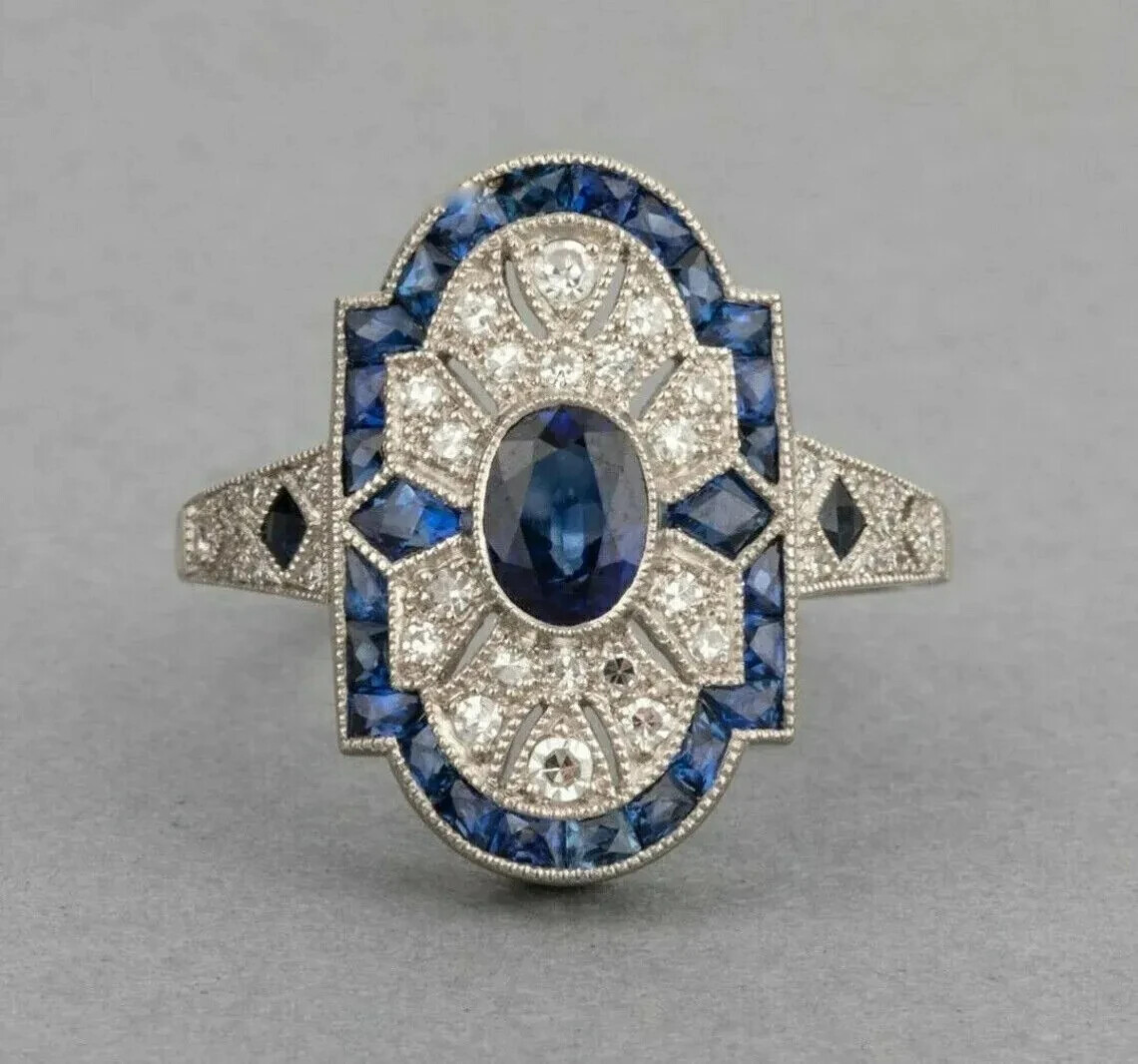 Art Deco Style Sapphire Lab Created Diamond Wedding 14K White Gold FN Ring