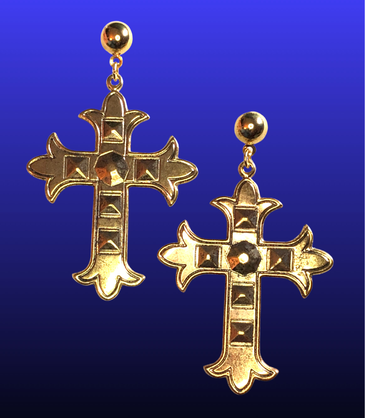 Vintage Gold Cross Earrings Gothic Studded 1980s Rockstar 2.5″ USA NWT 8052