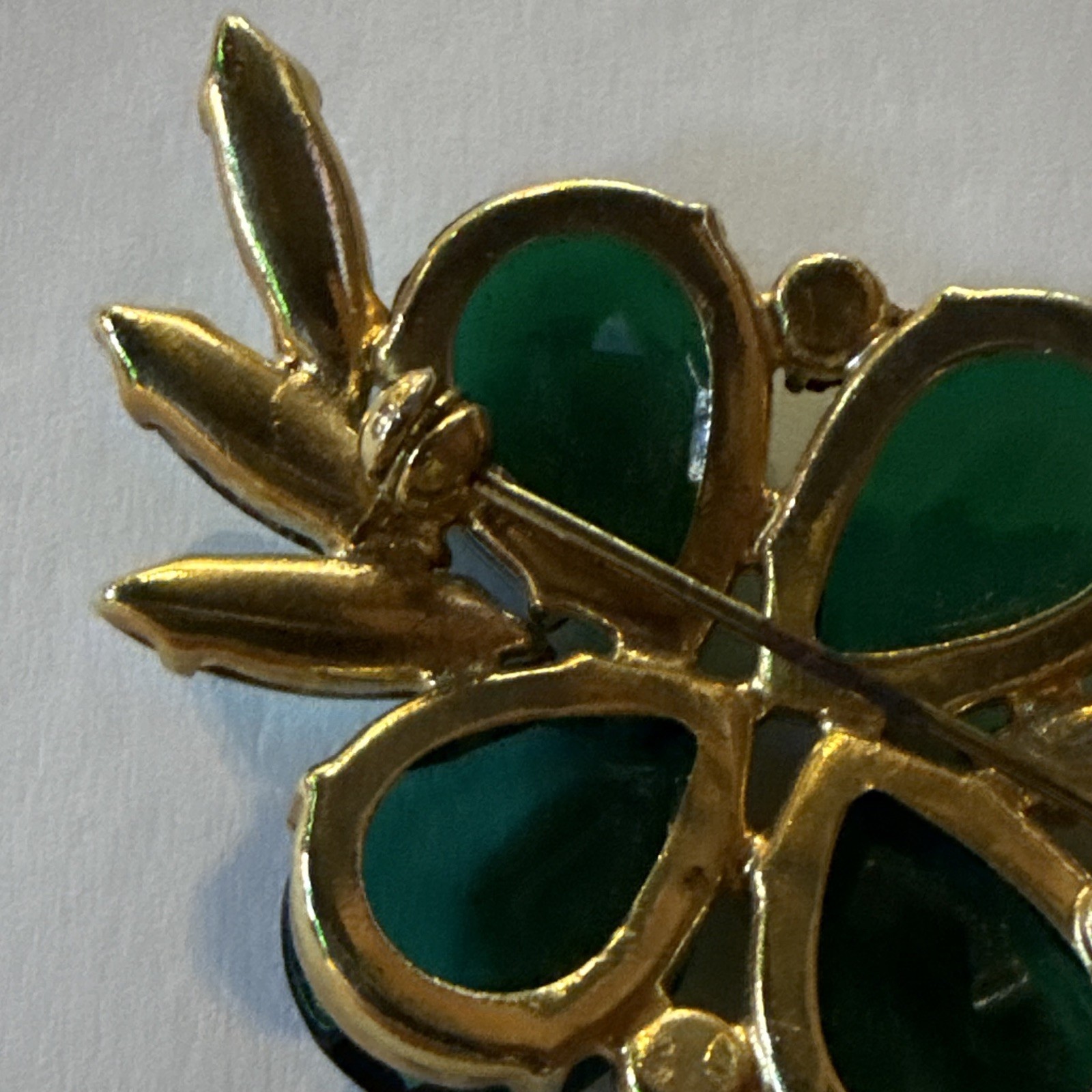 Vintage Green Flower Pearcut Large Center Rhinestone Framed by Navette