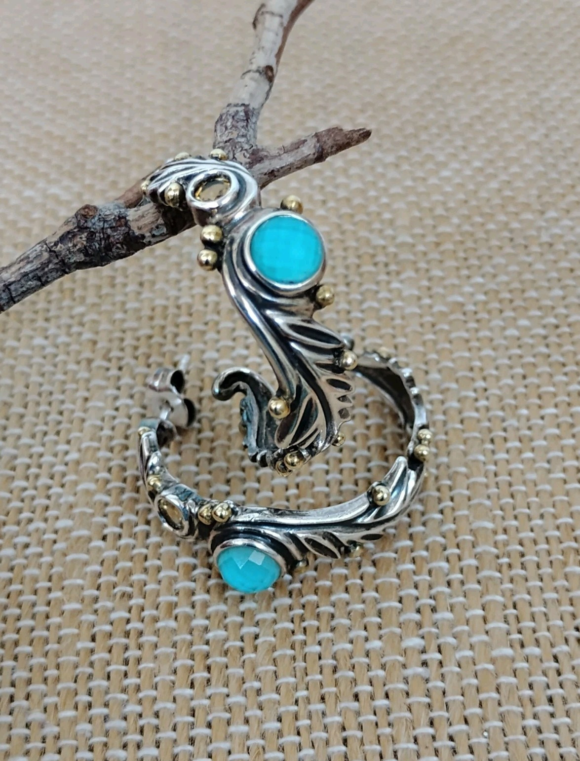 Rare Echo of the Dreamer Sterling Silver Bronze Turquoise Citrine Hoop Earrings