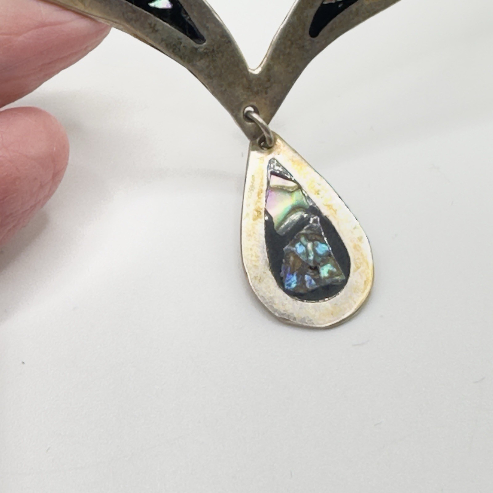 Vintage Mexican Alpaca Abalone Inlay Necklace 17″ Panel Link Drop Pendant