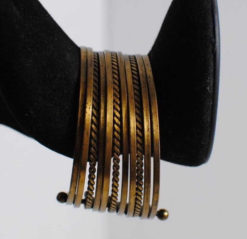 Vintage Cuff Bracelet Eleven Bands Antique Bronze Color 3 inch Across Open