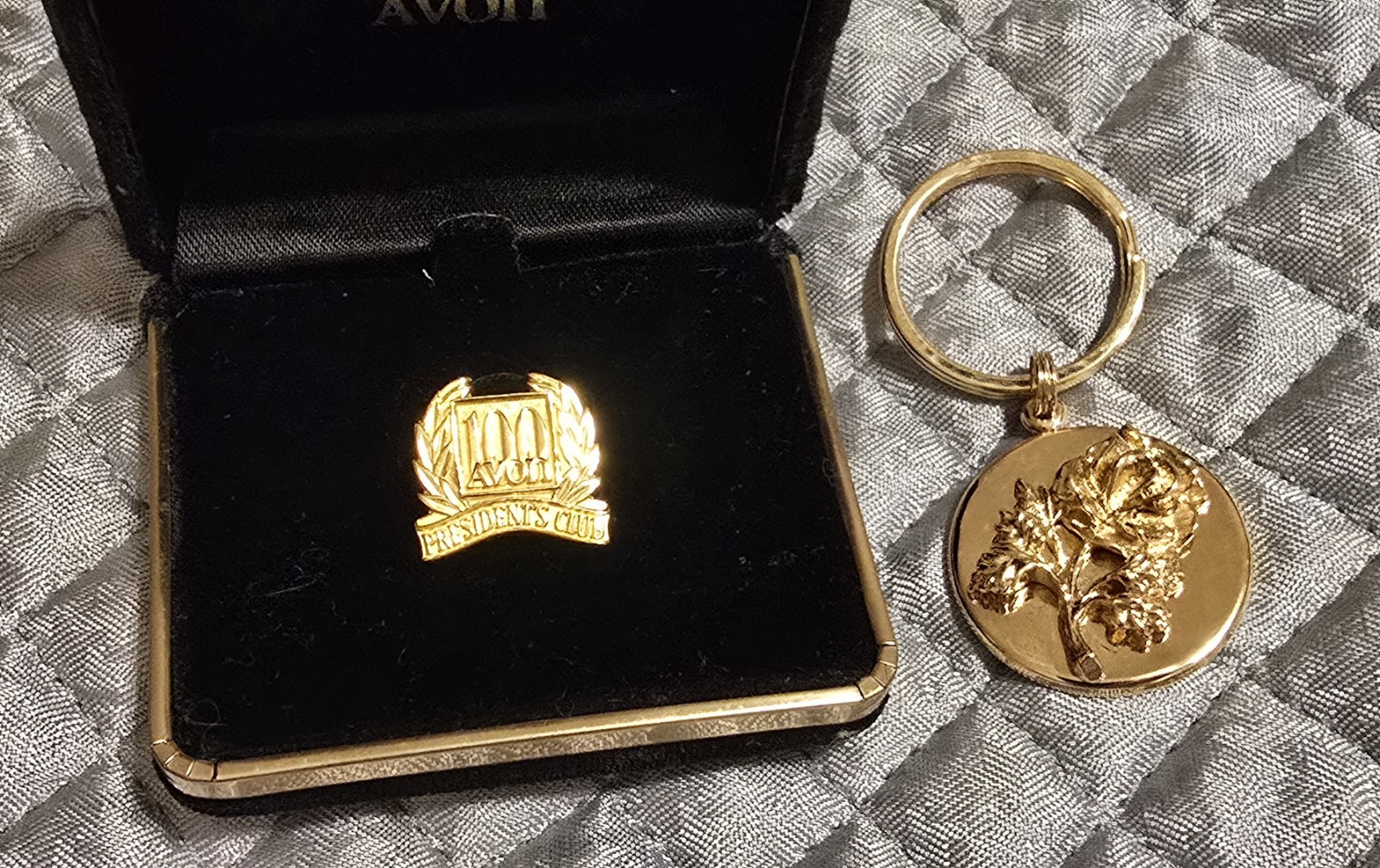Avon 100 Year Anniversary 1986 Lot: Gold Jewelry Box, Rose Keychain, Brooch, Pin