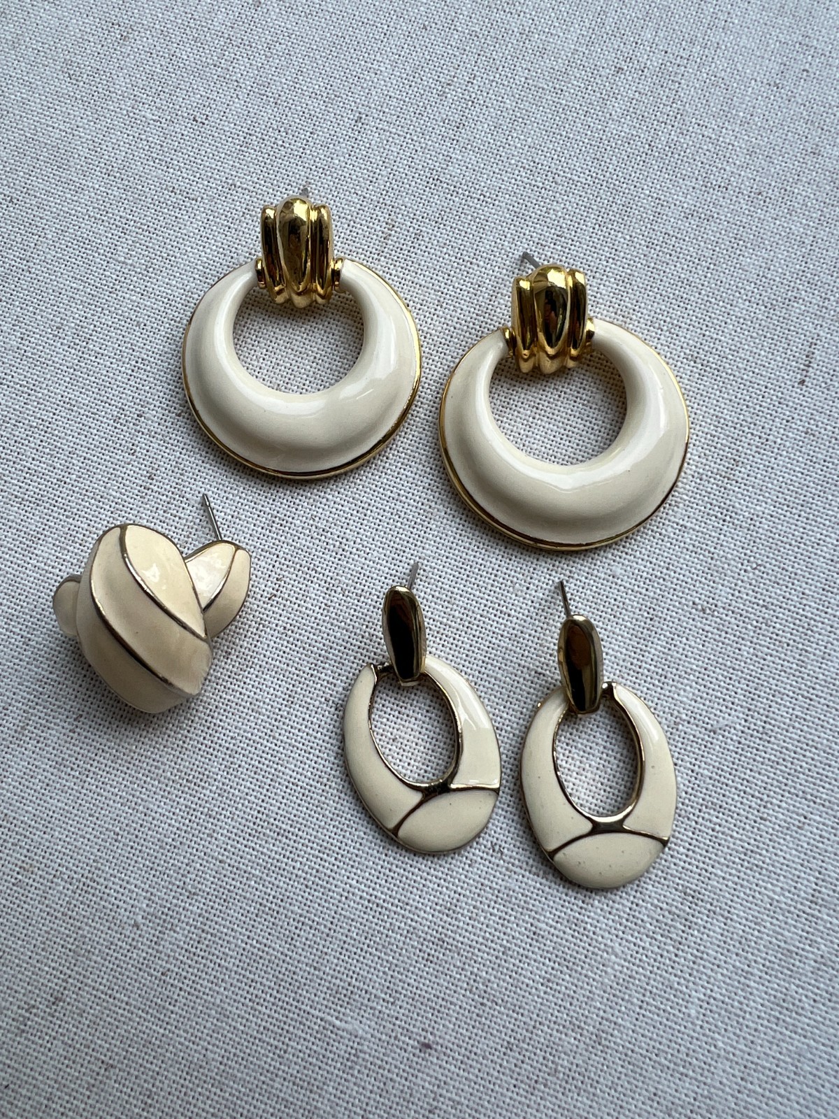 Lot of 3 Vintage White and Gold Enamel Earrings 1980s-90s (No backs)