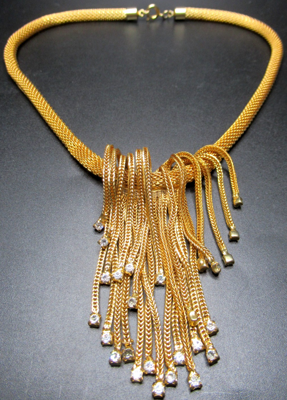 HATTIE CARNEGIE Rhinestone Waterfall Golden Mesh Rope Fringe Vintage Necklace