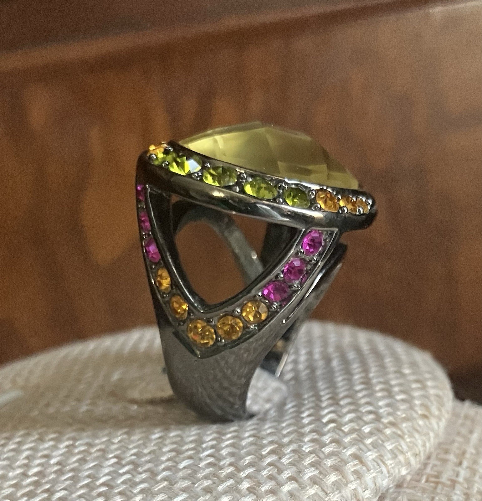 HSN Designer Signed M & CN Multi Gemstone Yellow Teardrop Faceted Cocktail Ring