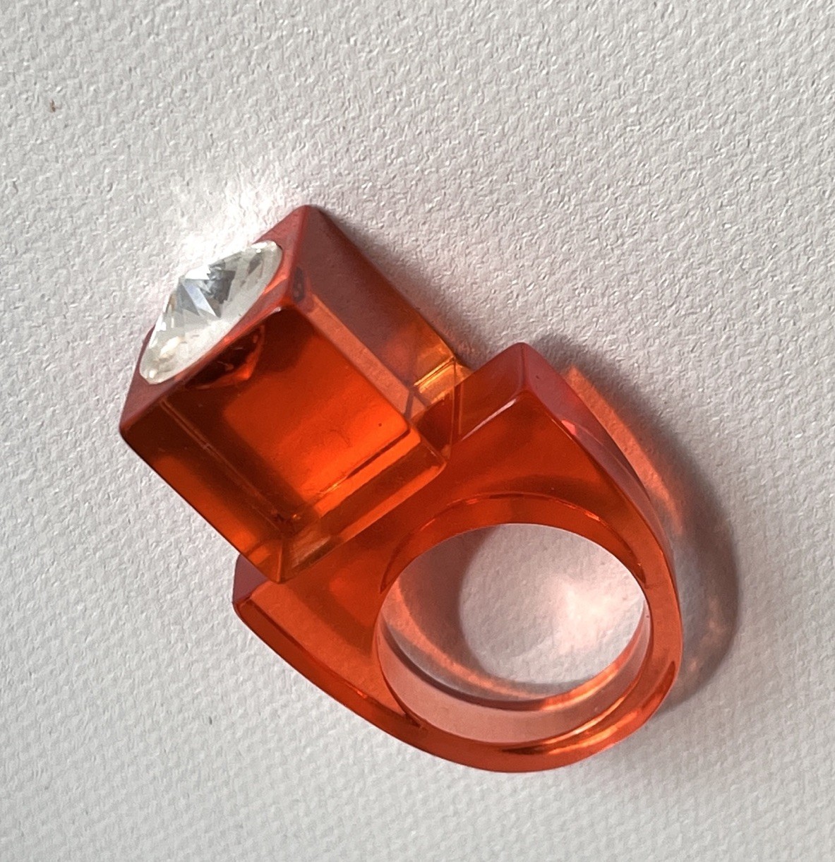 Vintage Lucite Ring Size 7.75 Orange Cubism Rhinestone Modern Chunky Statement