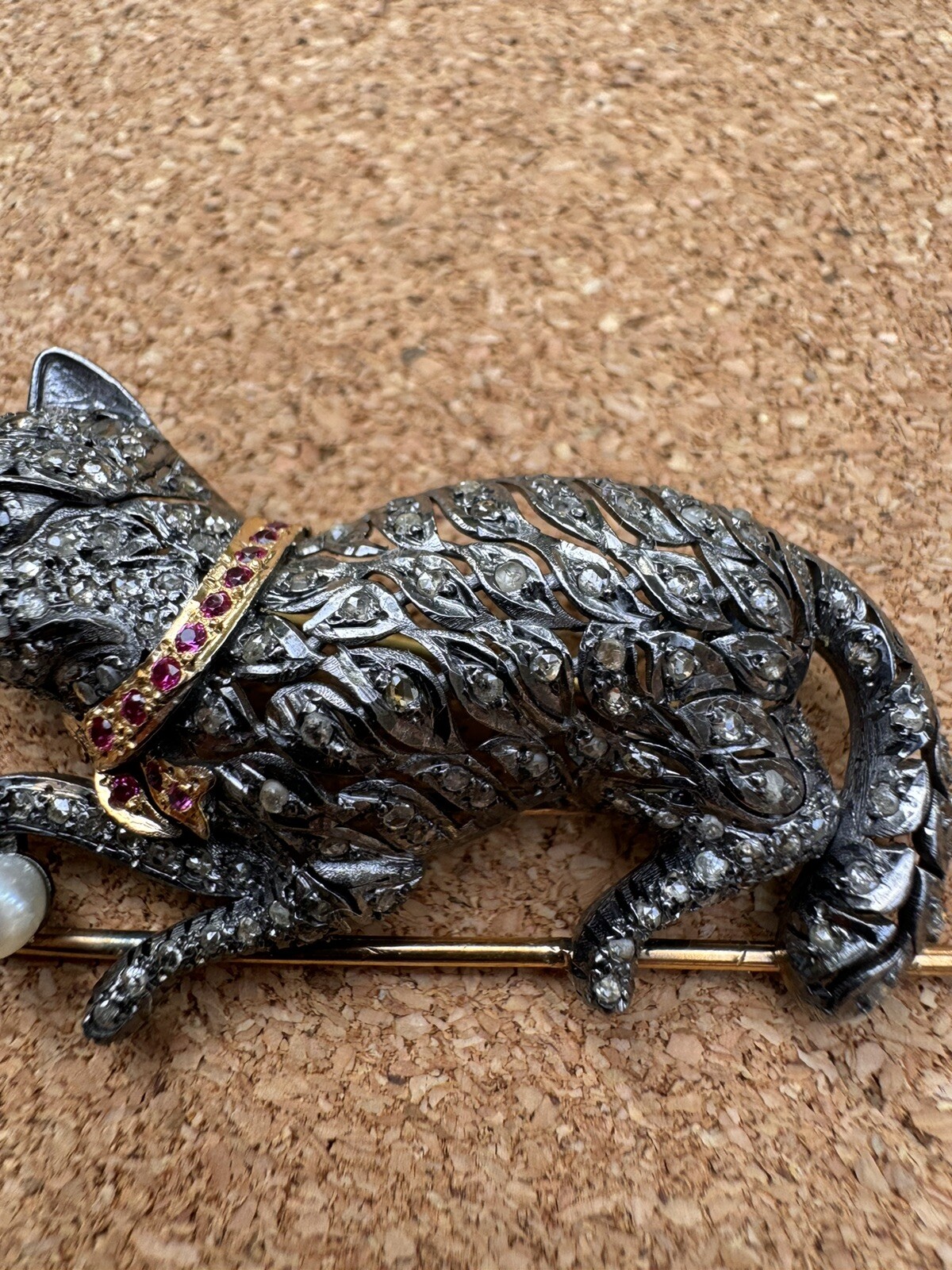 Stunning Rose Cut Diamond Gemstone Silver Victorian Cat Brooch Jewelry