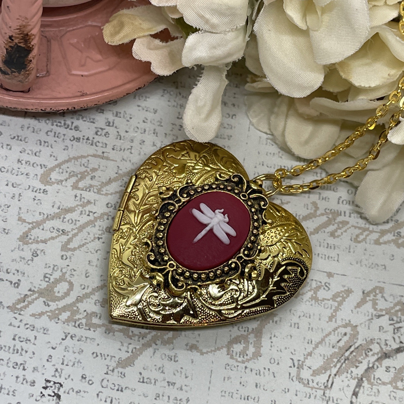 Gold Heart Locket Red Birthday Anniversary Wedding Dragonfly Cameo Necklace